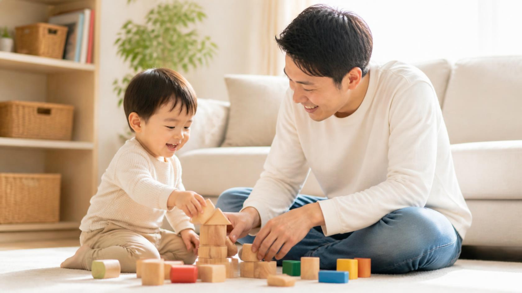 親子で積み木遊びをする