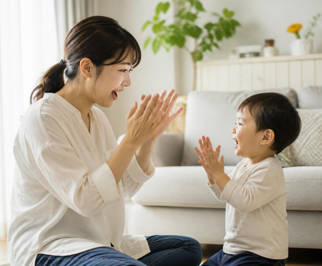 お母さんと子供が手遊びをする
