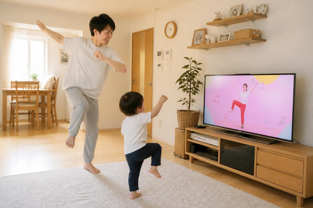 お父さんと子供がテレビを見て踊っている