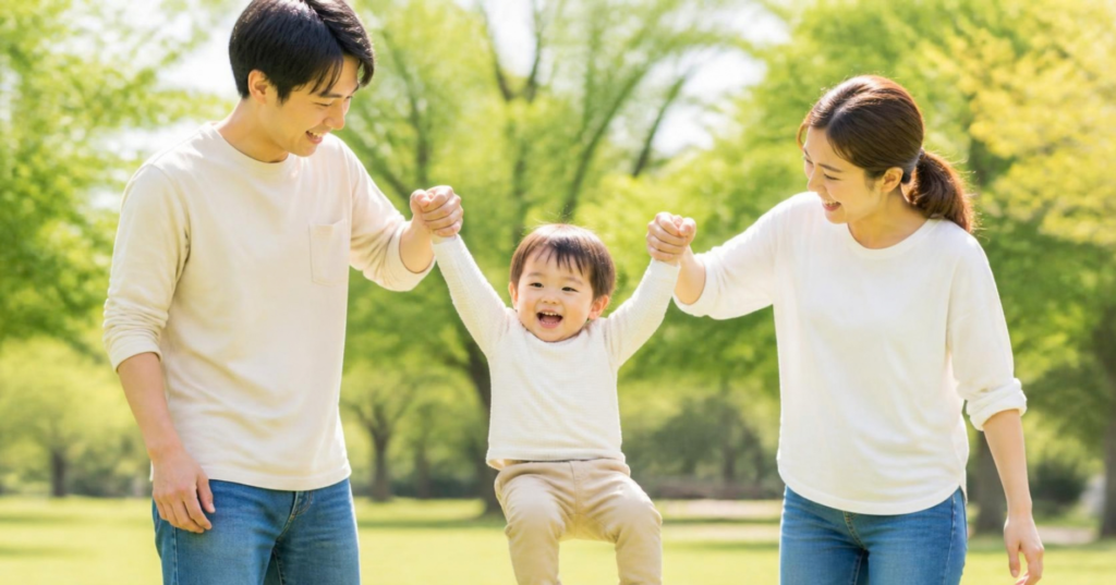 親子三人で公園で遊ぶ
