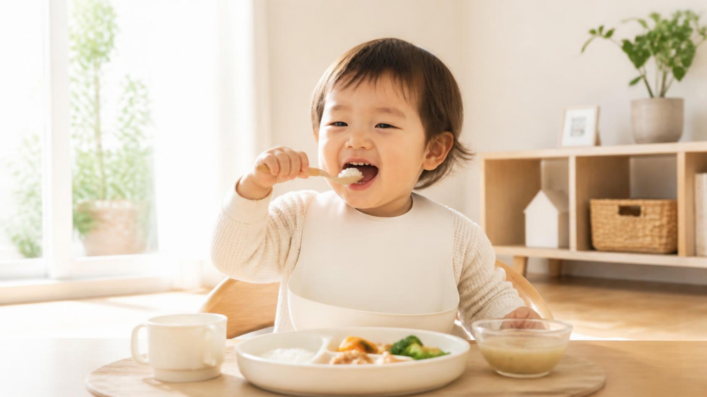 一人で上手にご飯を食べる子供
